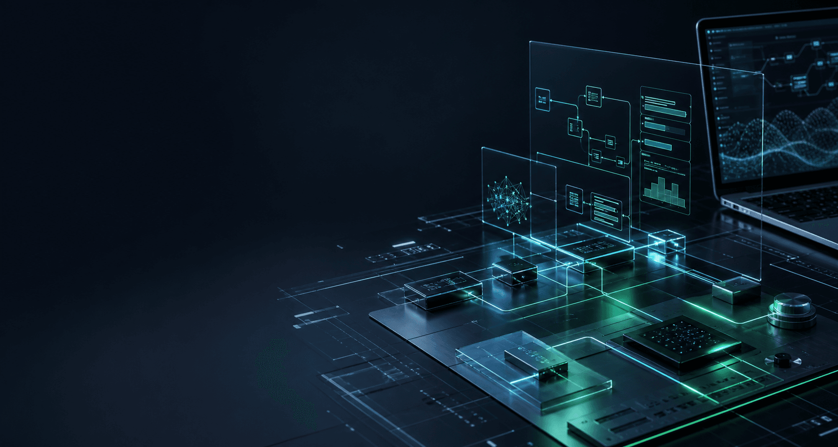 Connected technology systems displayed across a modern engineering workspace